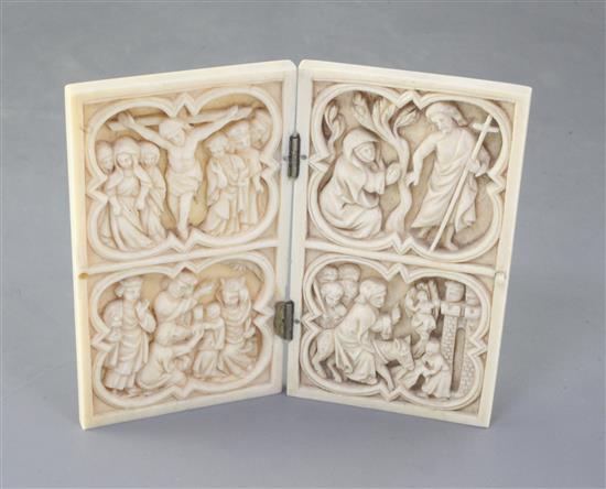 A 19th century French gothic revival ivory diptych, width 4.25in. height 3.5in.